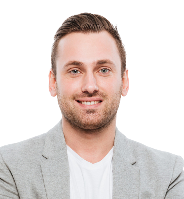 portrait successful man having stubble posing with broad smile keeping arms folded